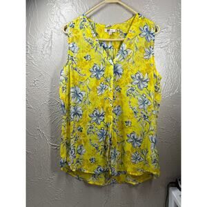 Kut from the Kloth Sheer Sleeveless Button Down Top Shirt Yellow Floral‎ Size M